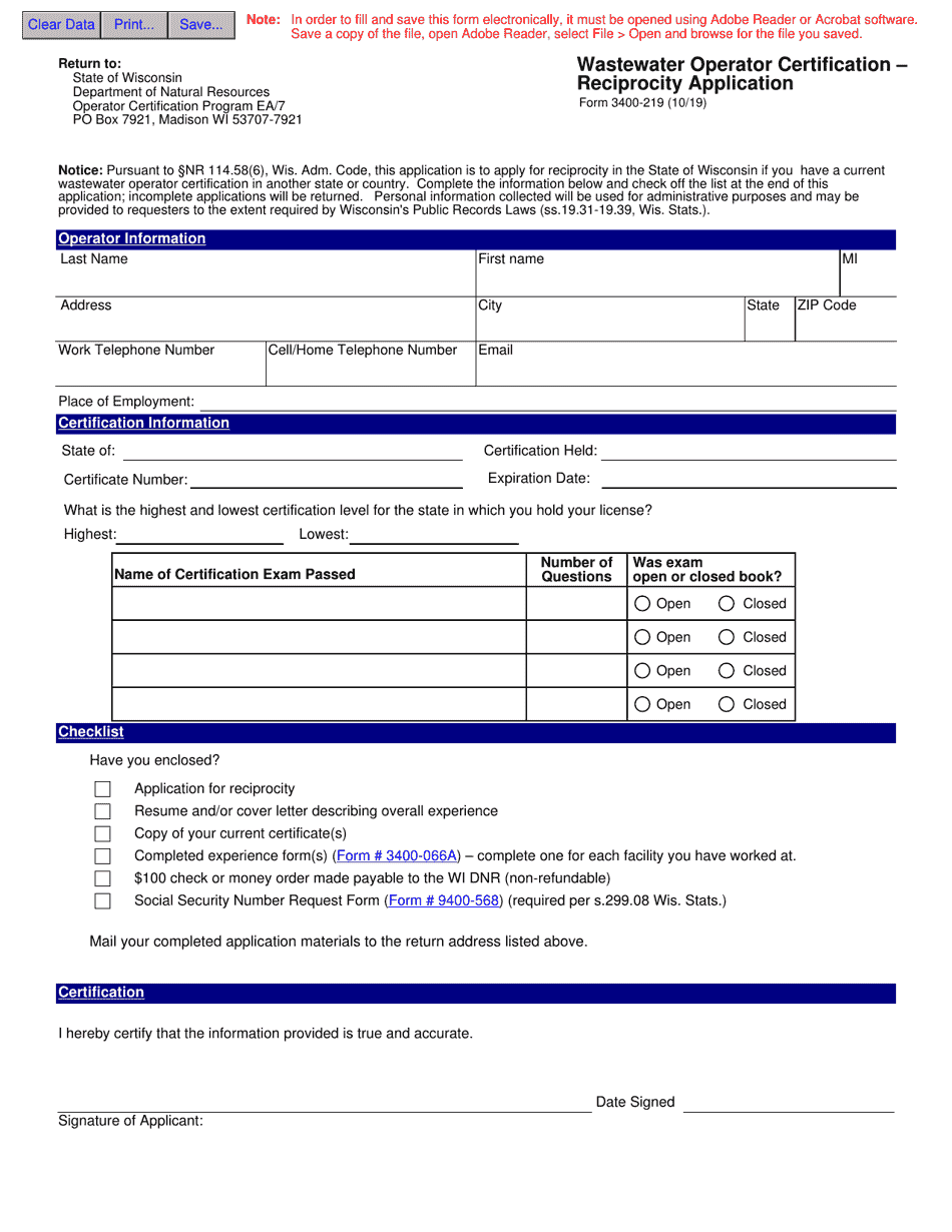Form 3400-219 Wastewater Operator Certification - Reciprocity Application - Wisconsin, Page 1