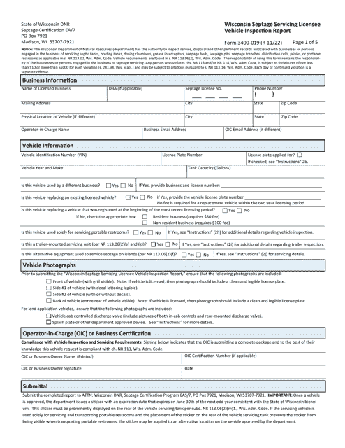 Form 3400-019 Wisconsin Septage Servicing Licensee Vehicle Inspection Report - Wisconsin
