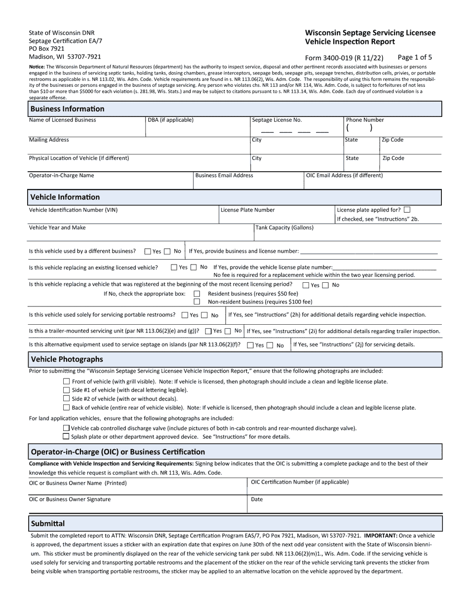 Form 3400-019 Wisconsin Septage Servicing Licensee Vehicle Inspection Report - Wisconsin, Page 1
