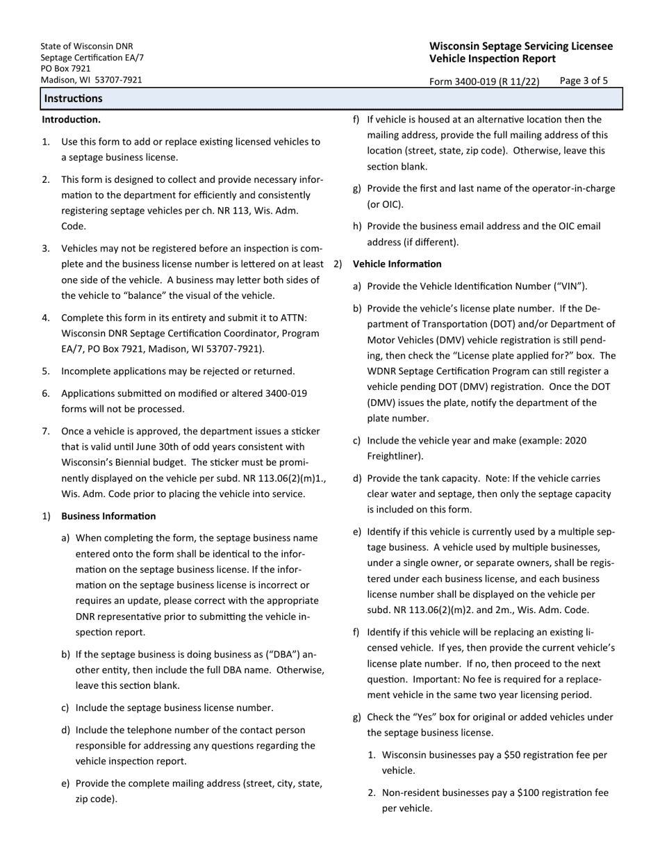 Form 3400-019 Wisconsin Septage Servicing Licensee Vehicle Inspection Report - Wisconsin, Page 3