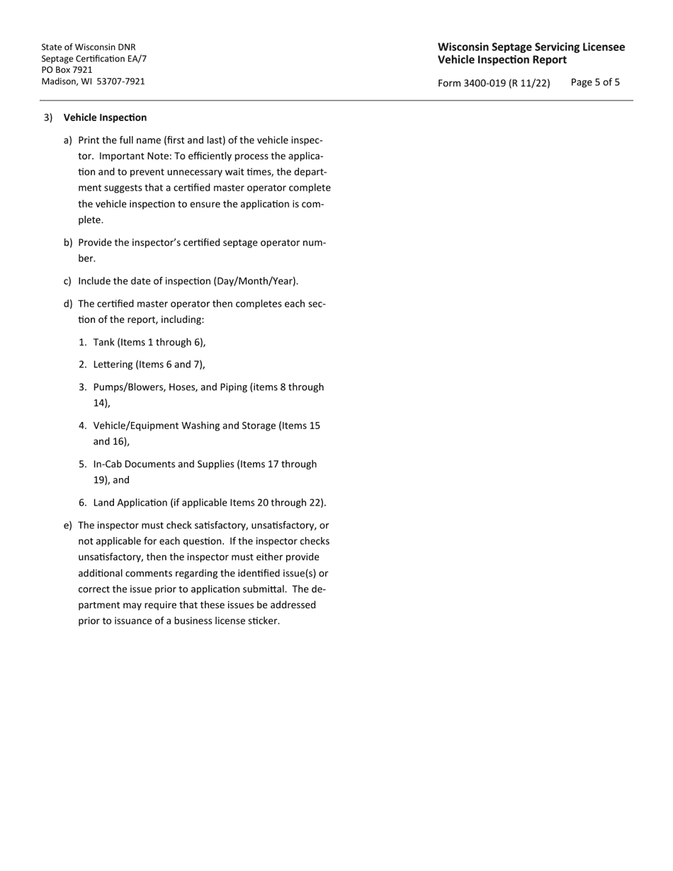 Form 3400-019 Wisconsin Septage Servicing Licensee Vehicle Inspection Report - Wisconsin, Page 5