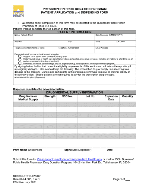 Form DH9005-EPCS Patient Application and Dispensing Form - Prescription Drug Donation Program - Florida