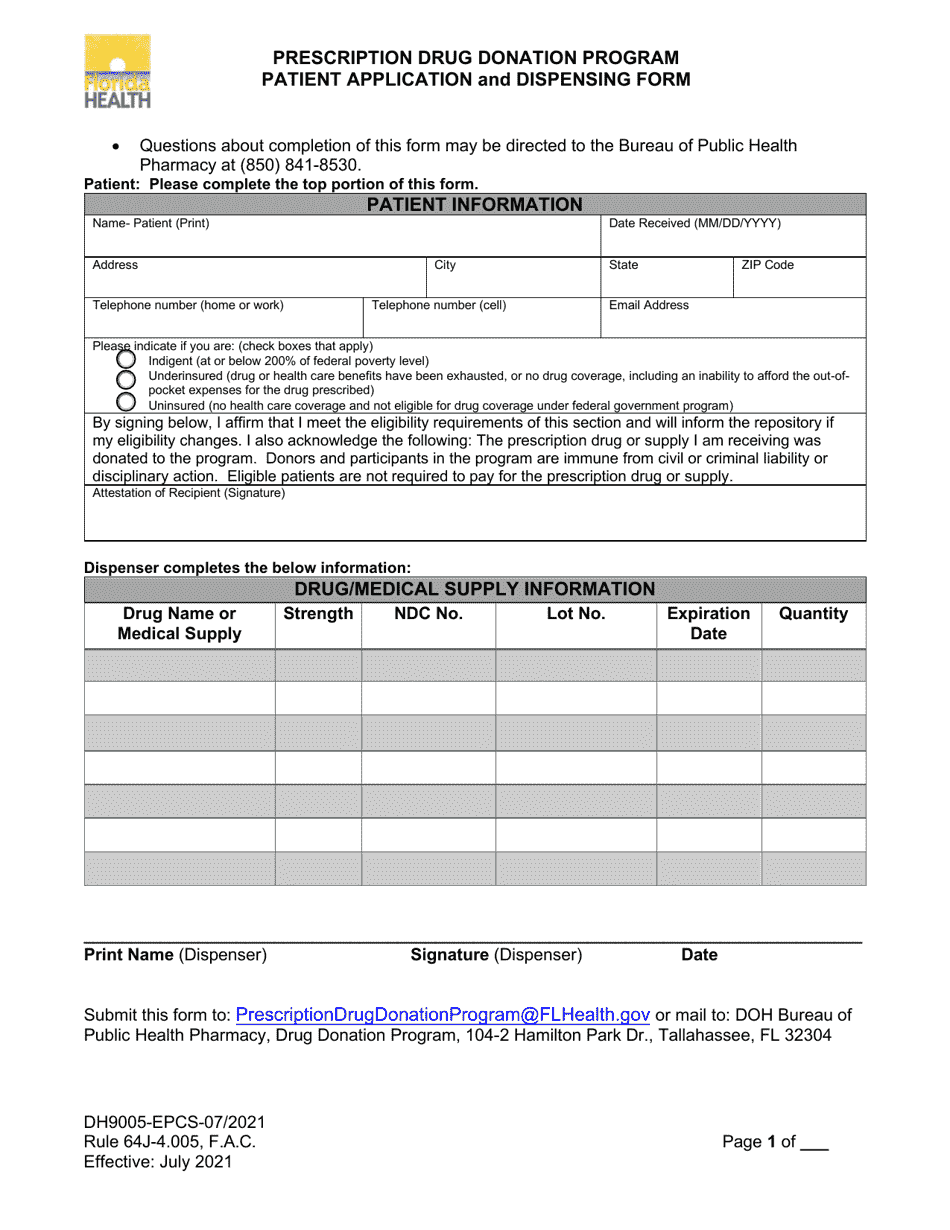 Form DH9005-EPCS Patient Application and Dispensing Form - Prescription Drug Donation Program - Florida, Page 1