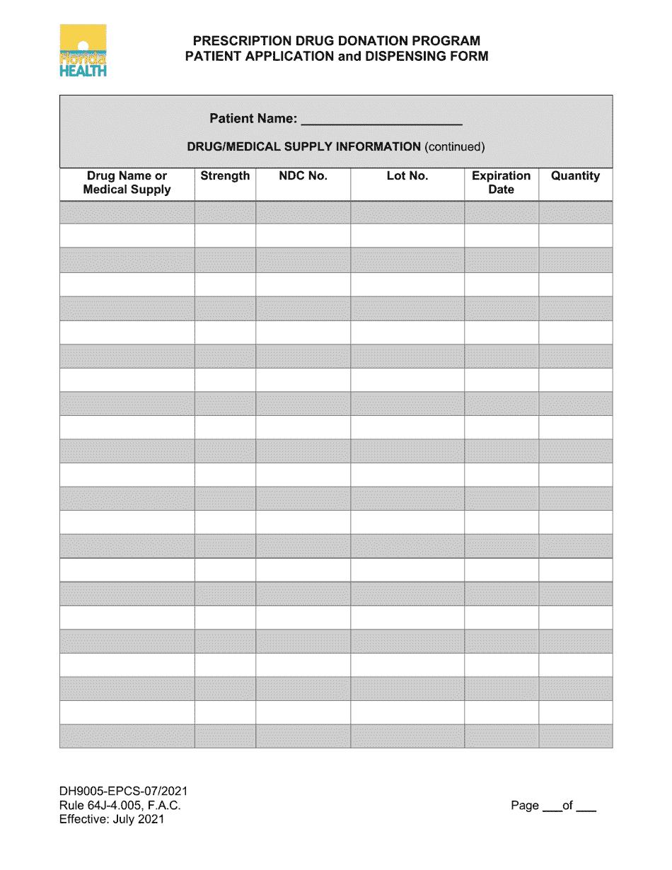 Form DH9005-EPCS Patient Application and Dispensing Form - Prescription Drug Donation Program - Florida, Page 2