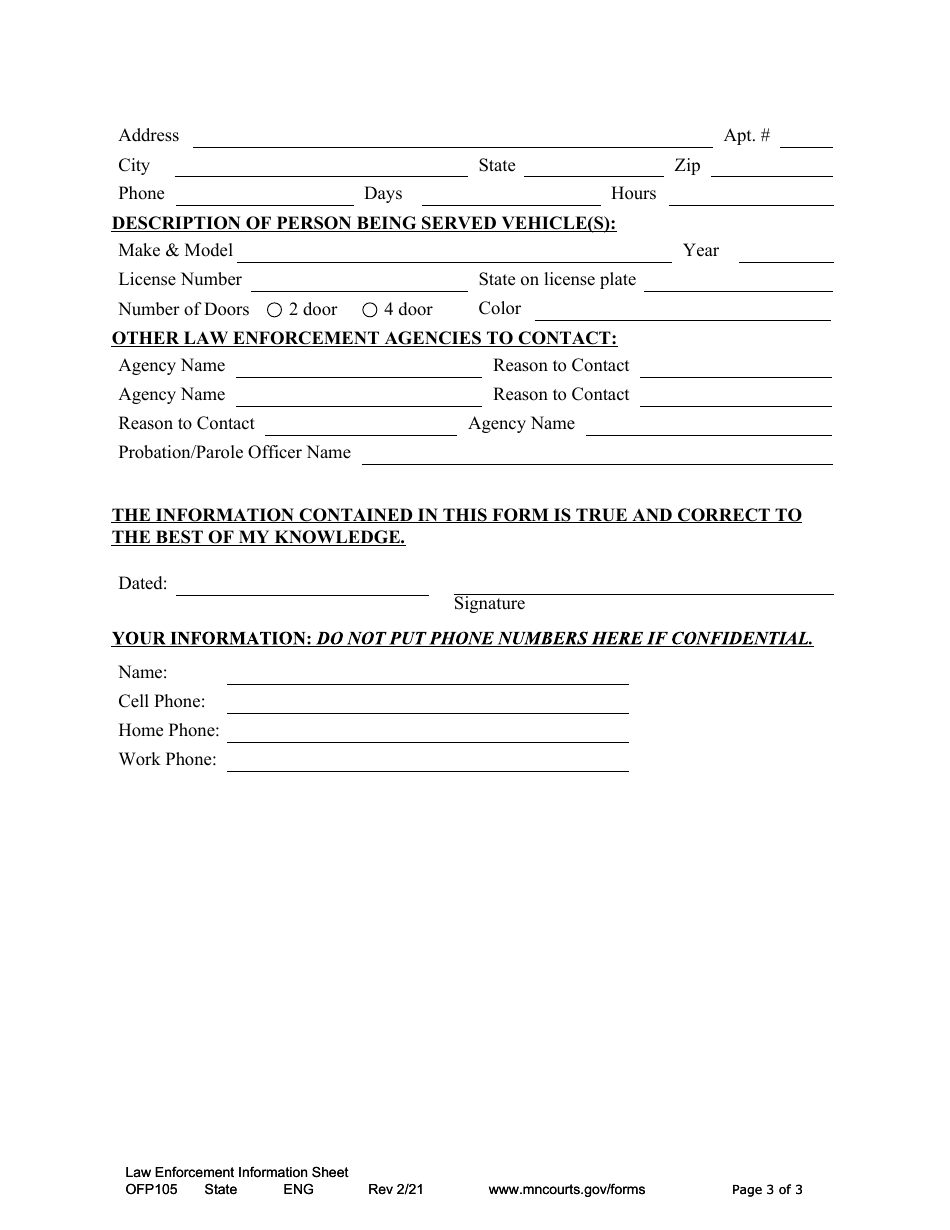 Form OFP105 Law Enforcement Information Form - Minnesota, Page 3