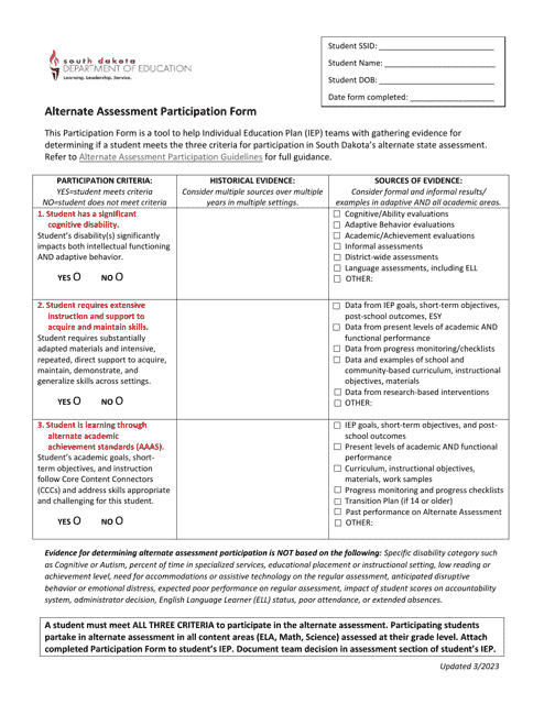 Alternate Assessment Participation Form - South Dakota Download Pdf