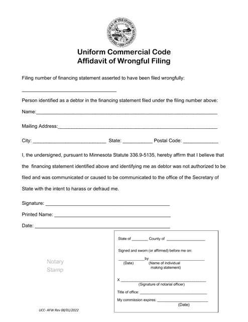 Affidavit of Wrongful Filing - Uniform Commercial Code - Minnesota Download Pdf