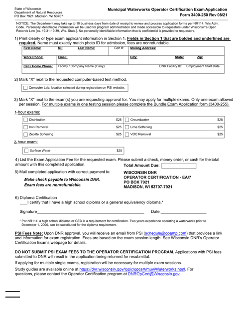 Form 3400-250 Municipal Waterworks Operator Certification Exam Application - Wisconsin