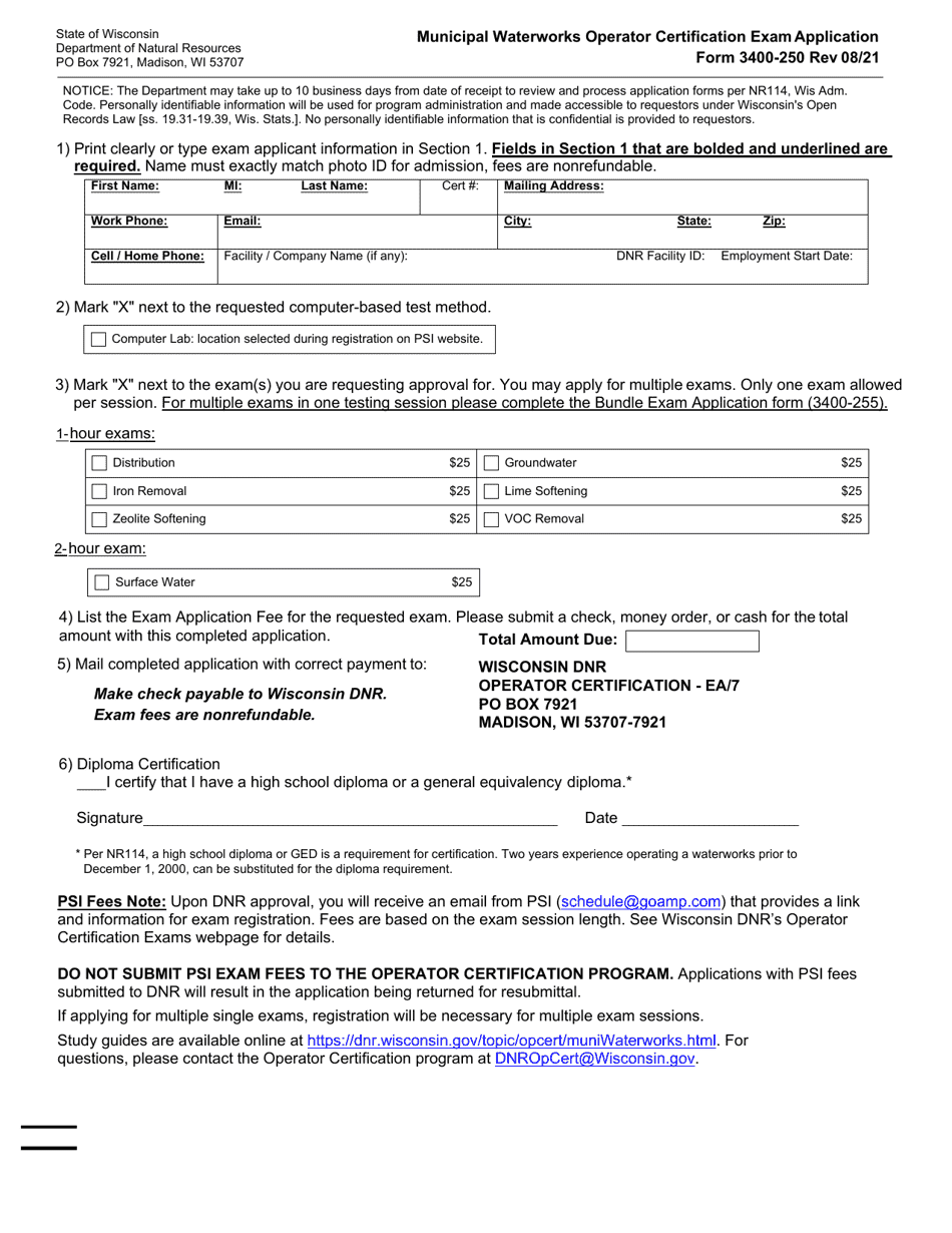 Form 3400-250 Municipal Waterworks Operator Certification Exam Application - Wisconsin, Page 1