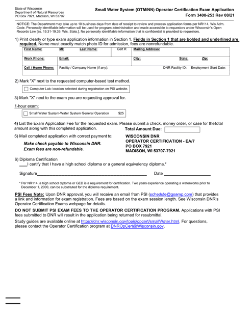 Form 3400-253 Small Water System (Otm/Nn) Operator Certification Exam Application - Wisconsin