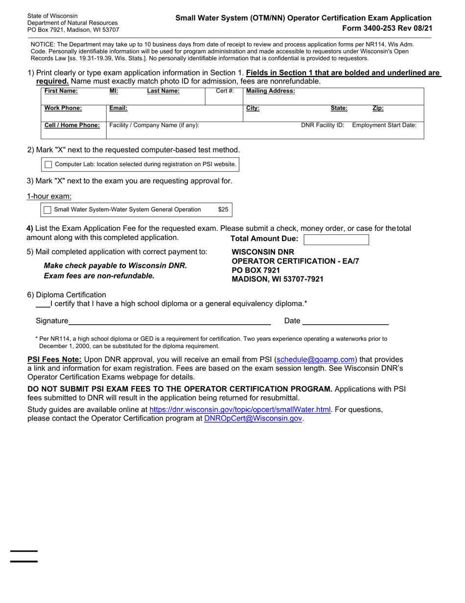 Form 3400-253 Small Water System (Otm / Nn) Operator Certification Exam Application - Wisconsin, Page 1