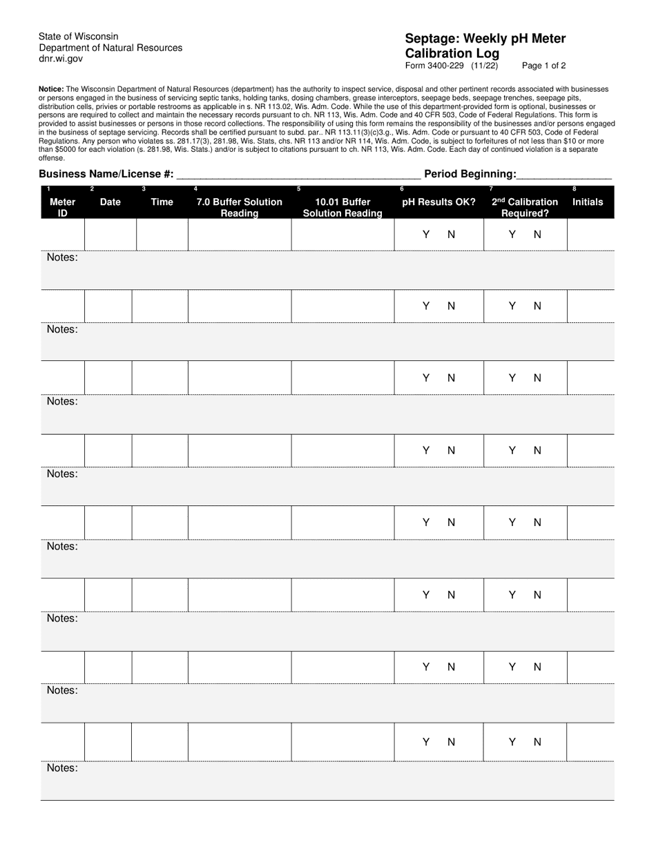 Form 3400-229 Septage: Weekly Ph Meter Calibration Log - Wisconsin, Page 1