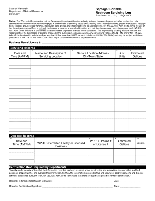 Form 3400-226 Septage: Portable Restroom Servicing Log - Wisconsin