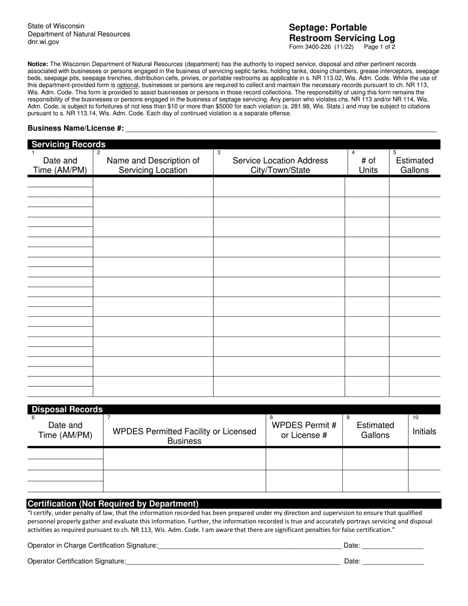 Form 3400-226 Septage: Portable Restroom Servicing Log - Wisconsin, Page 1