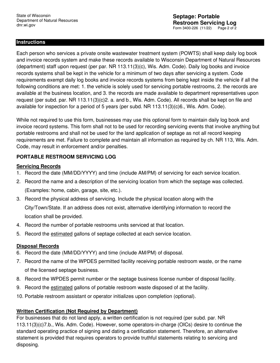 Form 3400-226 Septage: Portable Restroom Servicing Log - Wisconsin, Page 2