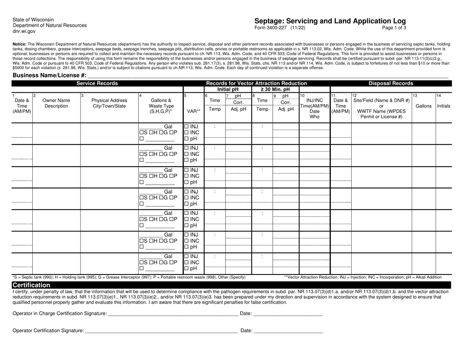 Form 3400-227 Septage: Servicing and Land Application Log - Wisconsin, Page 1