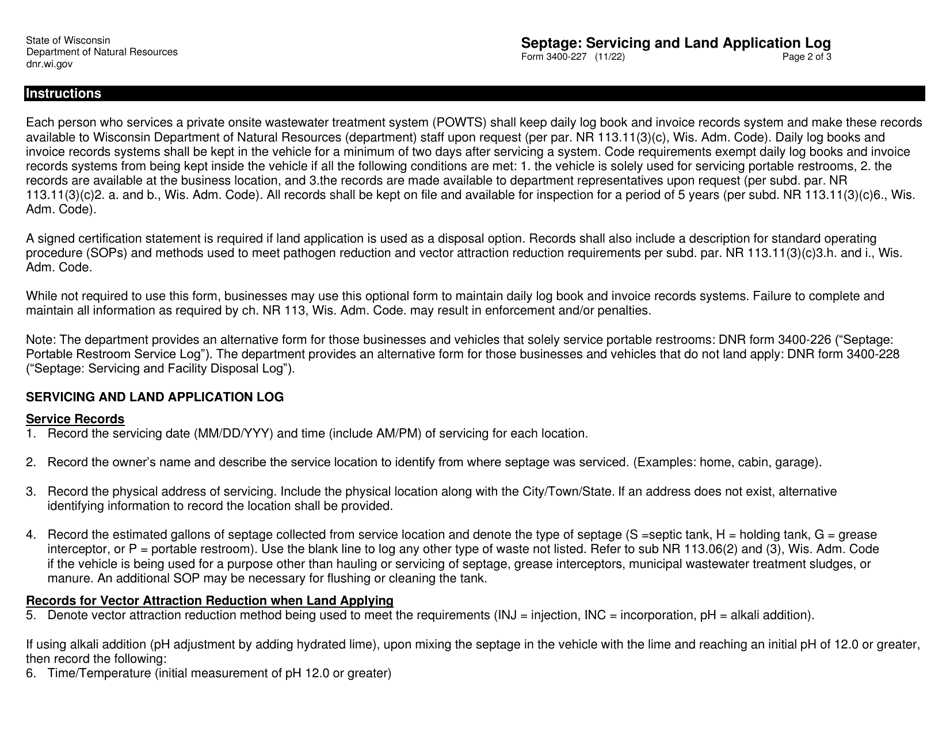 Form 3400-227 Septage: Servicing and Land Application Log - Wisconsin, Page 2