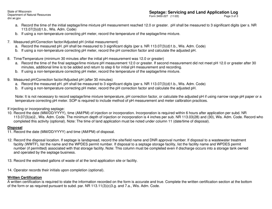 Form 3400-227 Septage: Servicing and Land Application Log - Wisconsin, Page 3