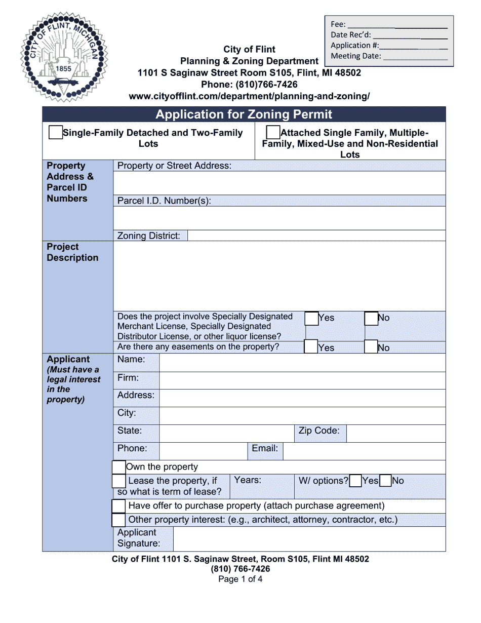 City of Flint, Michigan Application for Zoning Permit Fill Out, Sign