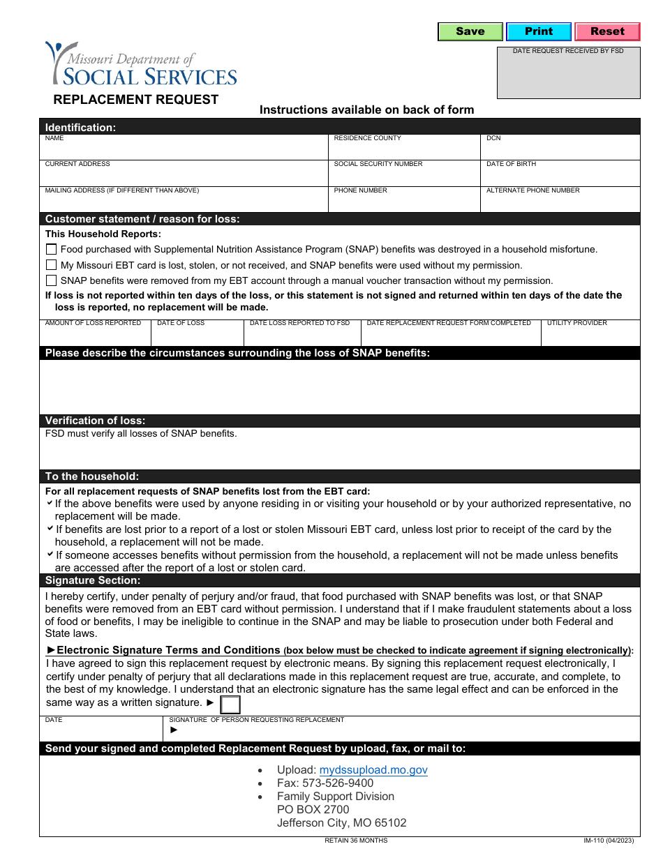 Form IM-110 Replacement Request - Missouri, Page 1