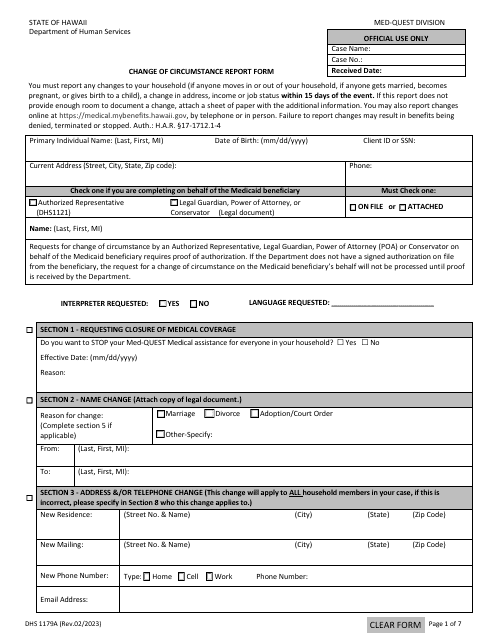 Form DHS1179A Change of Circumstance Report Form - Hawaii