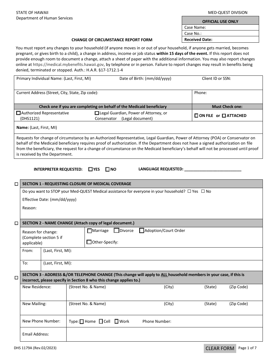 Form DHS1179A - Fill Out, Sign Online and Download Fillable PDF, Hawaii ...