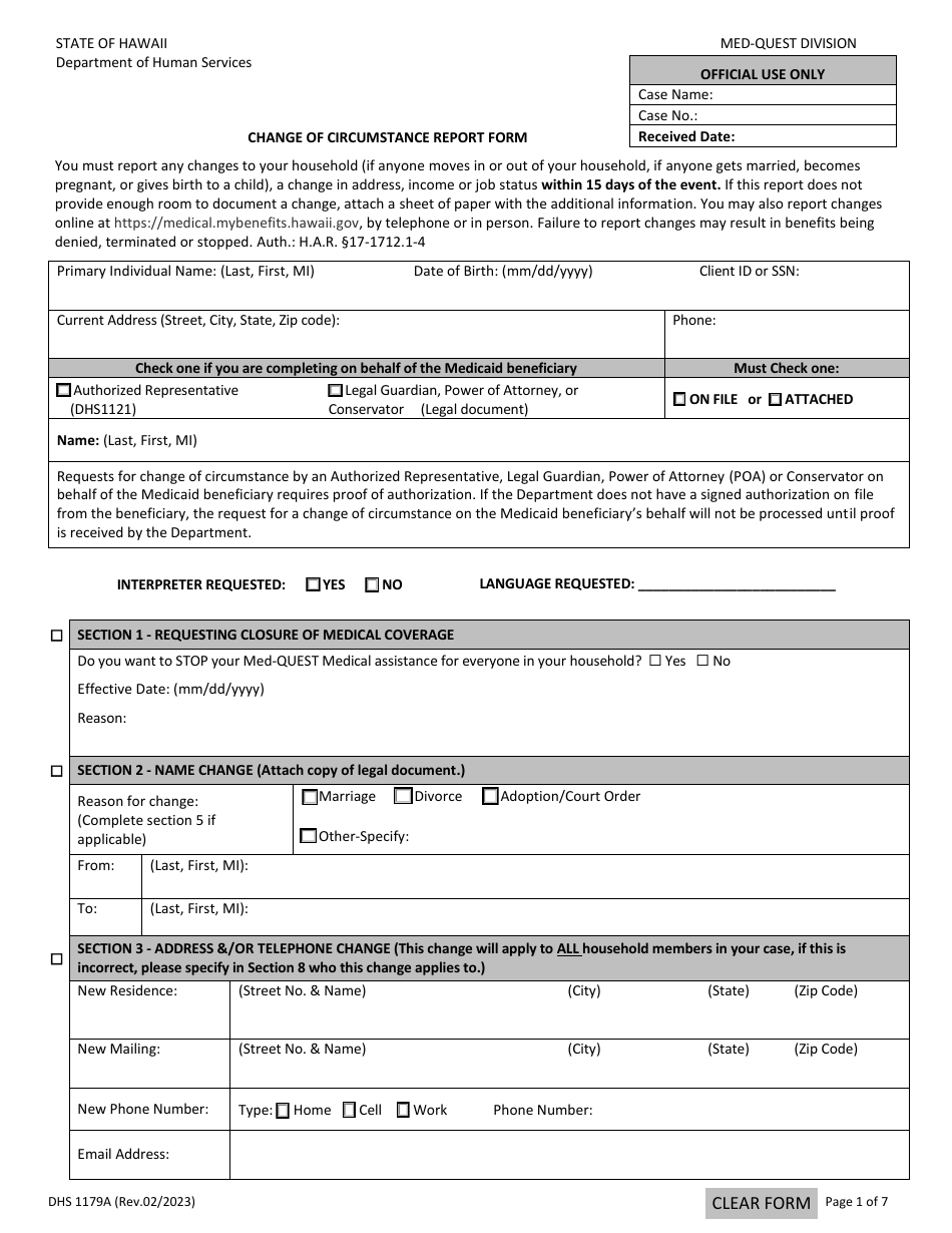 Form DHS1179A Change of Circumstance Report Form - Hawaii, Page 1