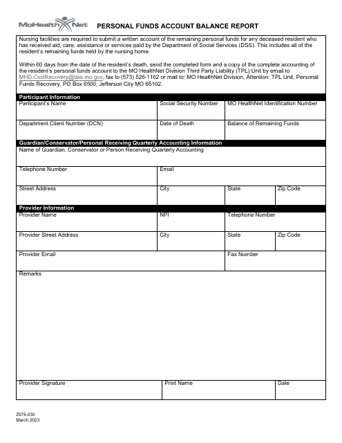 Form 2575-030 Mo Healthnet Personal Funds Account Balance Report - Missouri