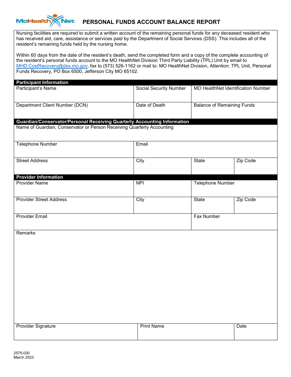 Form 2575-030 Mo Healthnet Personal Funds Account Balance Report - Missouri, Page 1