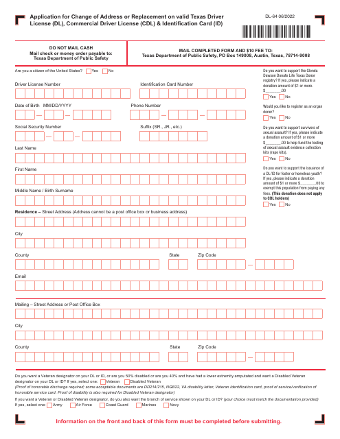 Form DL-64 Application for Change of Address or Replacement on Valid Texas Driver License (Dl), Commercial Driver License (Cdl) &amp; Identification Card (Id) - Texas
