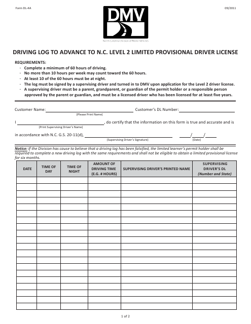 Form DL-4A Driving Log to Advance to N.c. Level 2 Limited Provisional Driver License - North Carolina