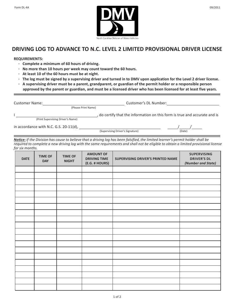 Form DL-4A Driving Log to Advance to N.c. Level 2 Limited Provisional Driver License - North Carolina, Page 1