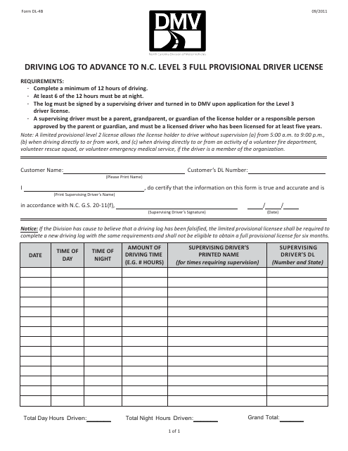 Form DL-4B Driving Log to Advance to N.c. Level 3 Full Provisional Driver License - North Carolina