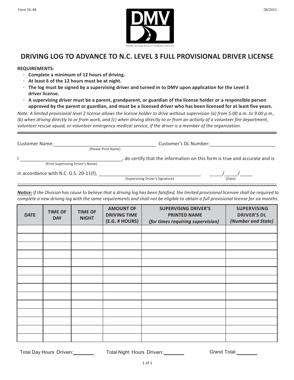 Form DL-4B Driving Log to Advance to N.c. Level 3 Full Provisional Driver License - North Carolina, Page 1