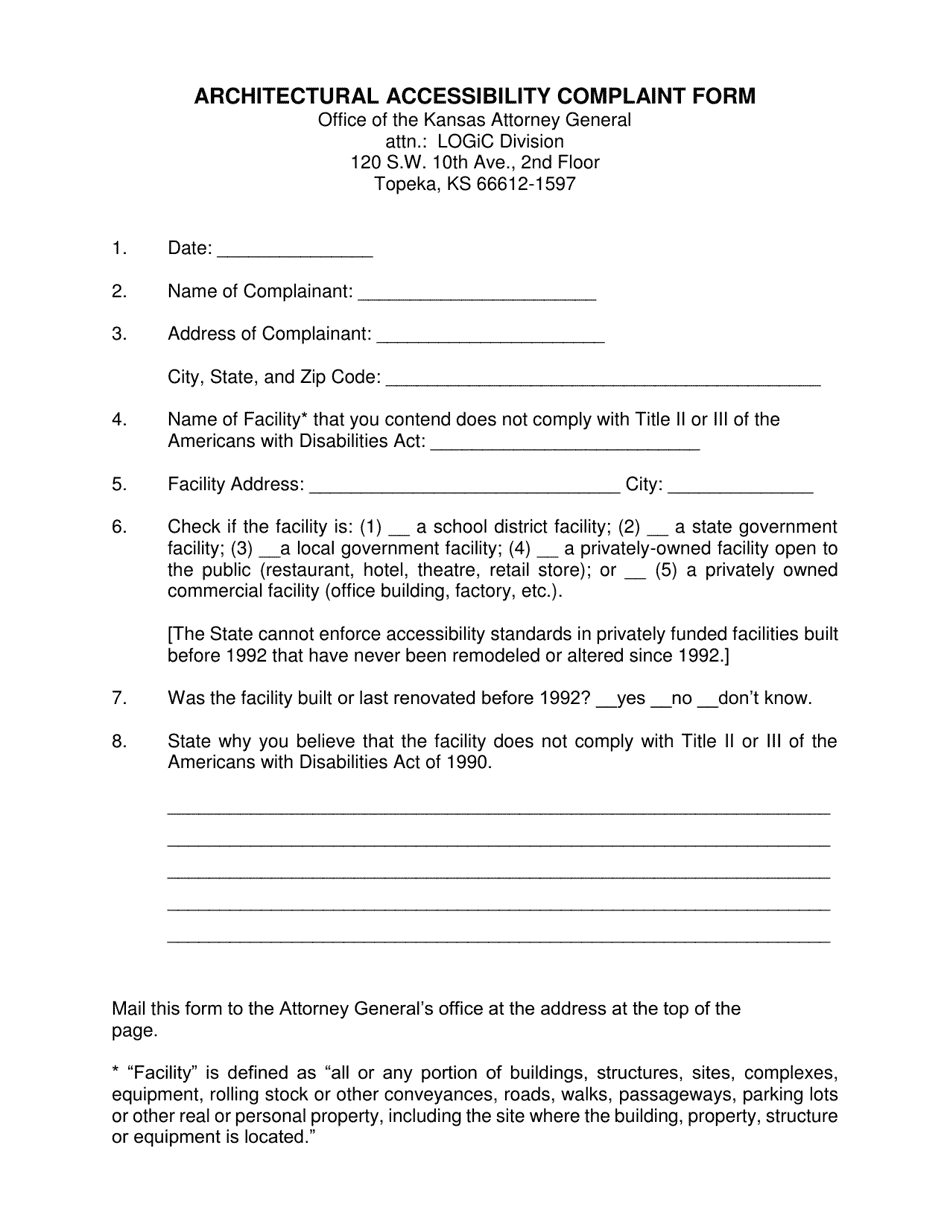Architectural Accessibility Complaint Form - Kansas, Page 1