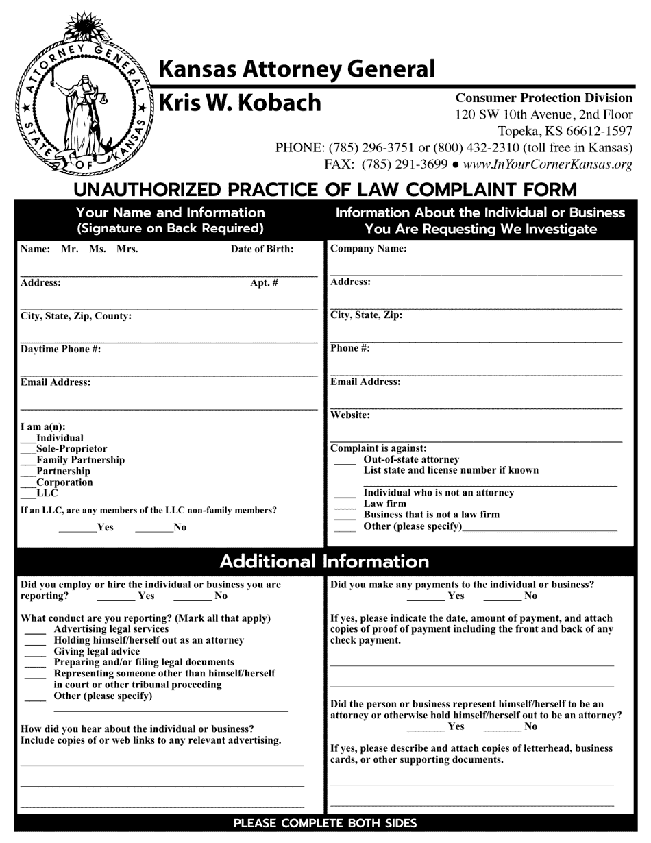 Kansas Unauthorized Practice of Law Complaint Form Fill Out, Sign