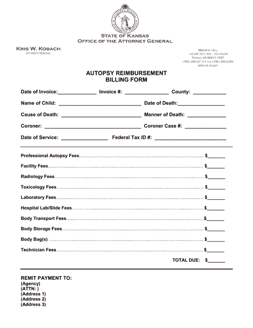 Autopsy Reimbursement Billing Form - Kansas Download Pdf