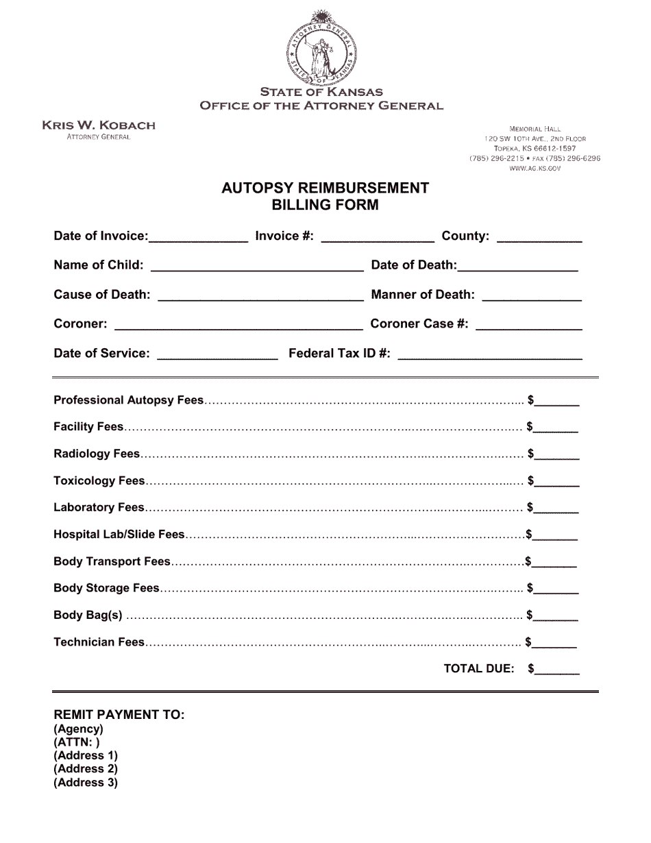 Kansas Autopsy Reimbursement Billing Form Fill Out, Sign Online and