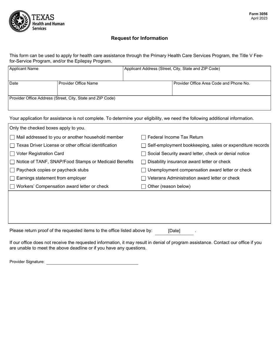 Form 3056 Request for Information - Texas, Page 1