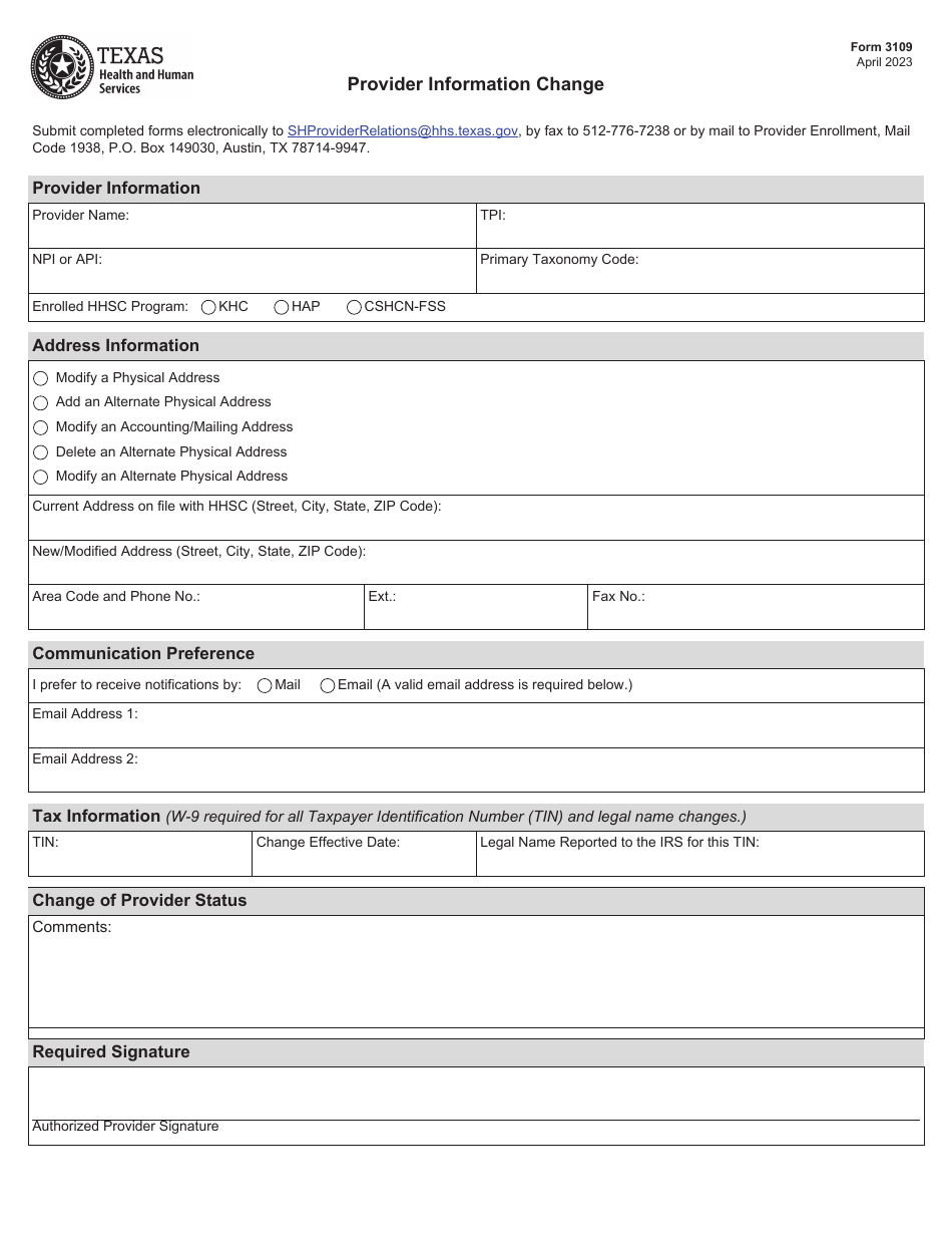Form 3109 Provider Information Change - Texas, Page 1