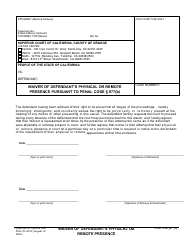 Document preview: Form L-0212 Waiver of Defendant's Physical or Remote Presence - Orange County, California