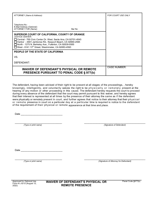 Form L-0212 Waiver of Defendant's Physical or Remote Presence - Orange County, California