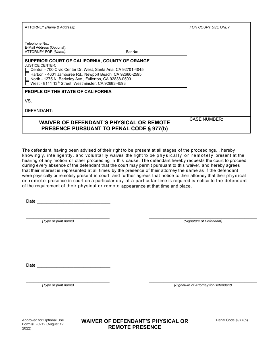Form L-0212 Waiver of Defendants Physical or Remote Presence - Orange County, California, Page 1