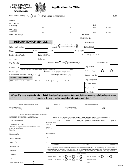 Form 212 Application for Title - Delaware
