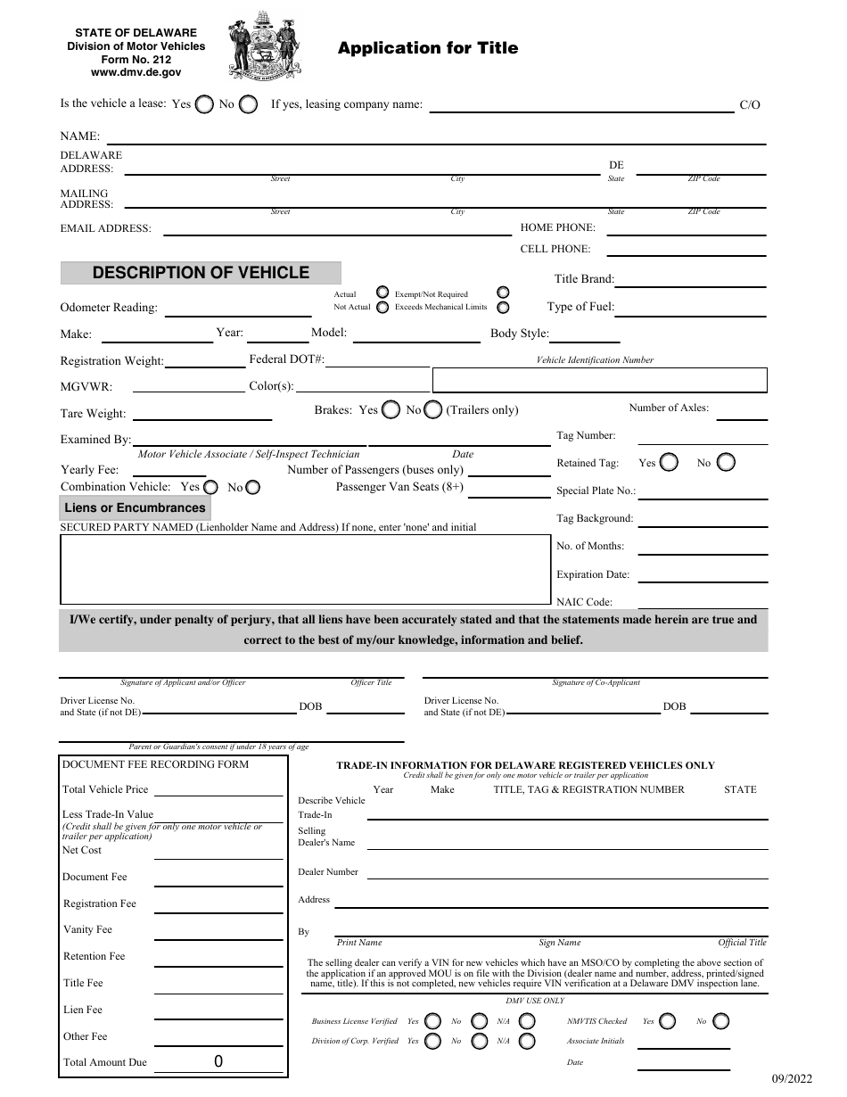 Form 212 Application for Title - Delaware, Page 1