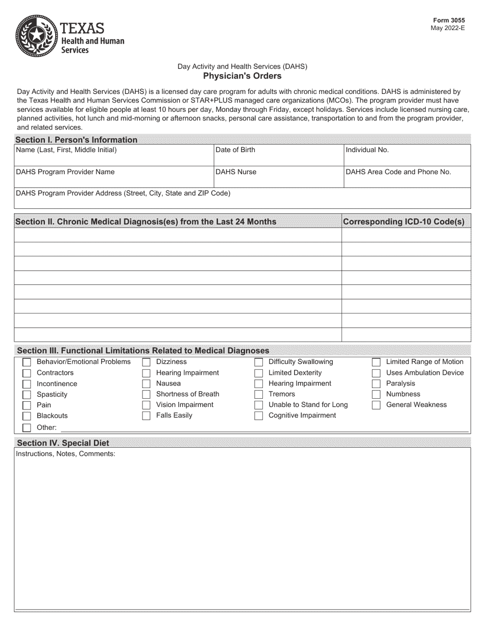 Form 3055 Download Fillable PDF or Fill Online Physician's Orders (Dahs