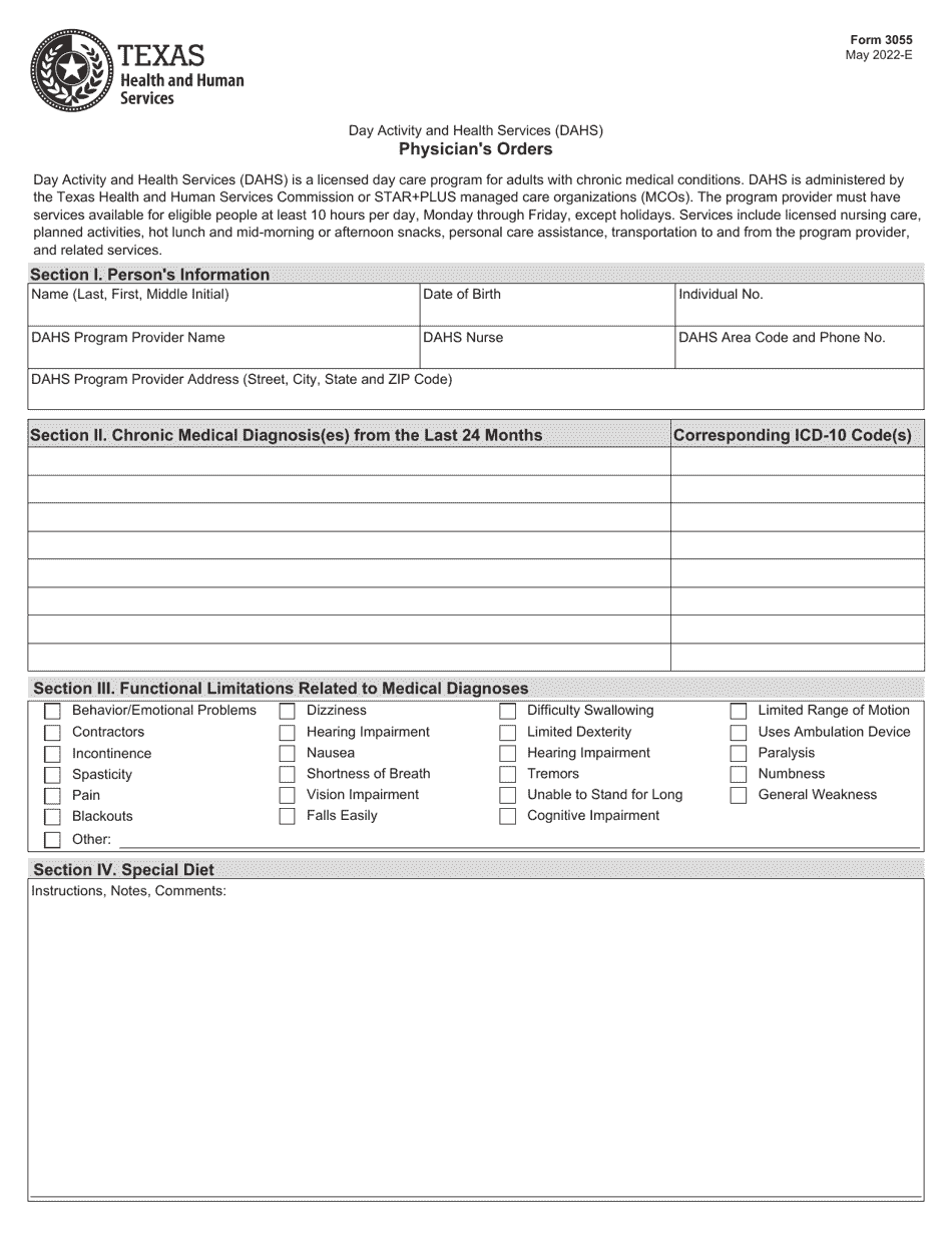 Form 3055 Physicians Orders (Dahs) - Texas, Page 1