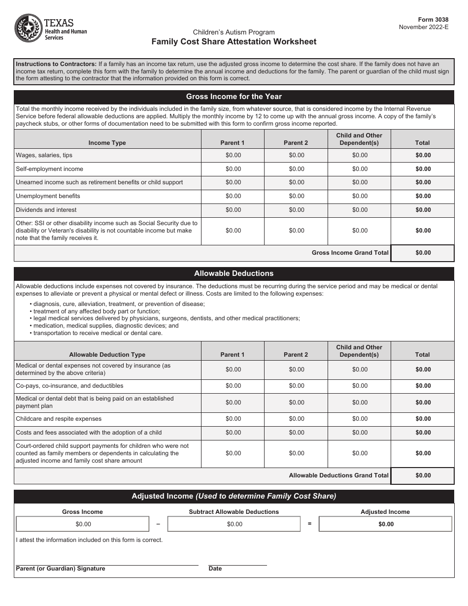 Form 3038 Family Cost Share Attestation Worksheet - Childrens Autism Program - Texas, Page 1