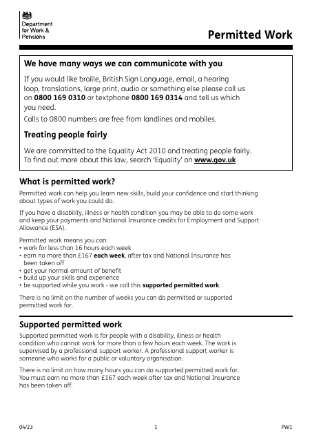 Form PW1 Permitted Work Form - United Kingdom