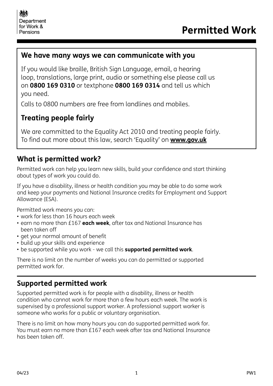 Form PW1 Permitted Work Form - United Kingdom, Page 1